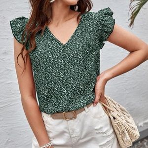 Boho plants ruffle sleeve V neck blouse